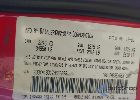 2007 Dodge Charger z USA, uszkodzony, nr VIN 2B3KA43G17H666376